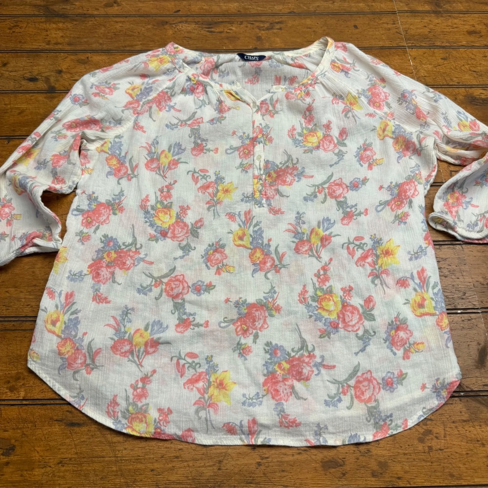 Chaps Denim Women Floral Print Long Sleeve Blouse Top Size‎ LG